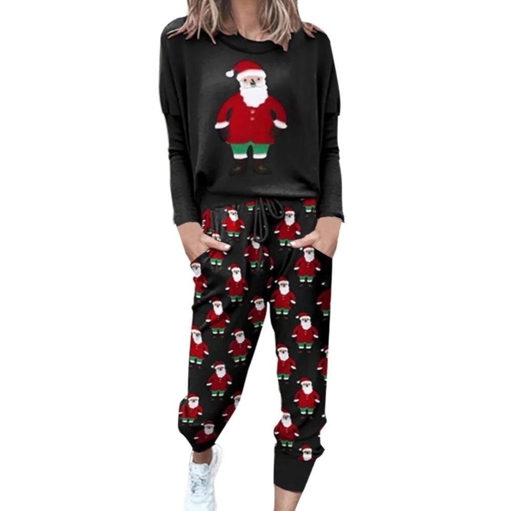 Women's Black 2 Piece Santa Claus Christmas PJ Set With Pockets NIP